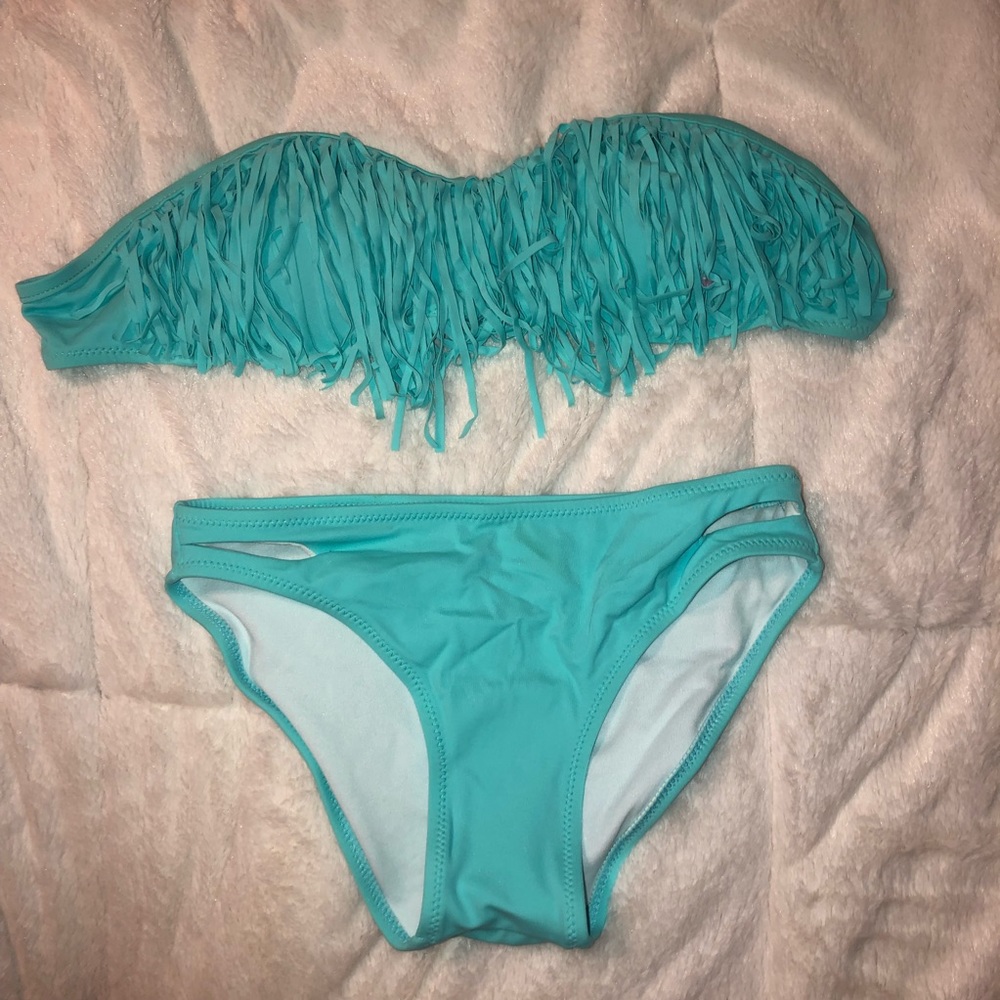 BLUE FRINGE BANDEAU AND CUT-OUT BOTTOM BIKINI